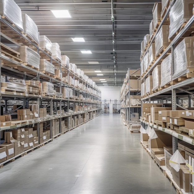 Photo a large clean warehouse with shelfs carboard generative ai