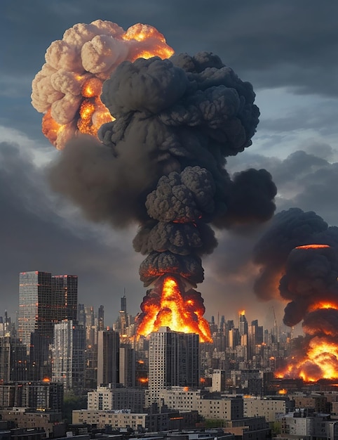 都市の真ん中で起きた大規模な爆発の写真