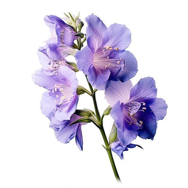 Photo a photo of a larkspur flower realistic white background generated by artificial intelligence