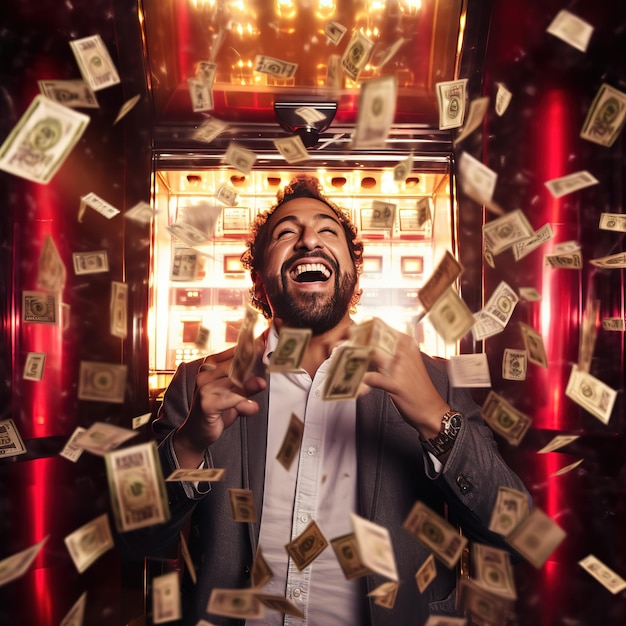 a photo of a Latino winning a casino cash block jackpot