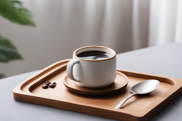 Photo a latte art coffee cup with wood tray and plate