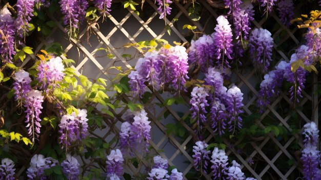 A photo of a lattice trellis with blooming wisteria bright sunshine