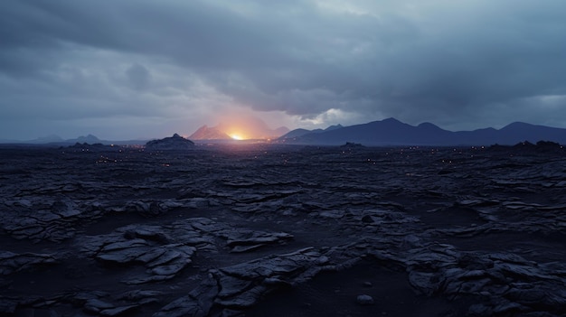 A photo of a lava field with distant volcanic activity ashy sky backdrop