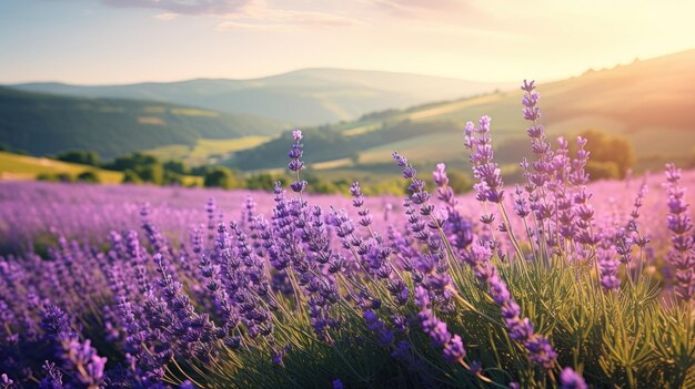 A photo of a lavender field rolling hills in the background