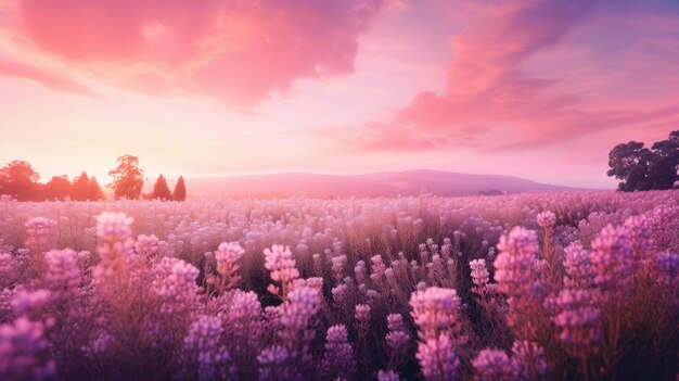 A photo of a lavender field at sunrise soft pink light