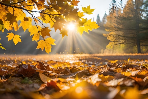 A photo of a leaf covered ground with the sun shining through the leaves.