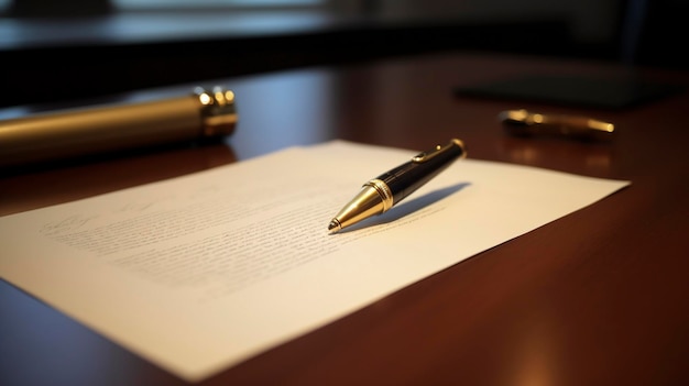 Foto una foto di una cerimonia di firma di un documento legale con penna e carta