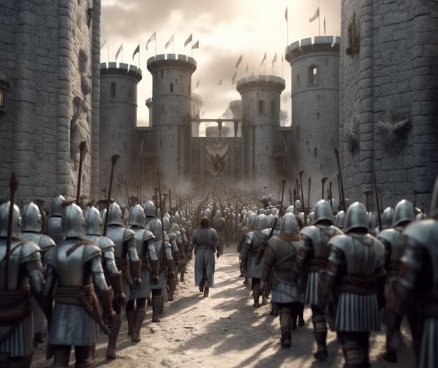 中世の城に向かって行進する軍団の写真