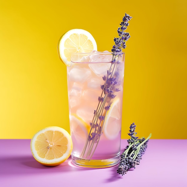 Photo of lemon lavender spritzer a fizzy and aromatic drink made wiphoto of front view clean bg