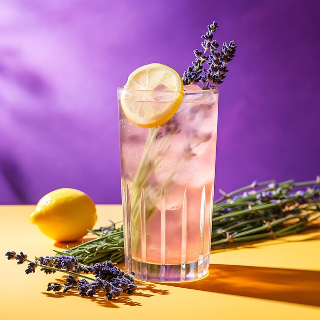 Photo of lemon lavender spritzer a fizzy and aromatic drink made with front view clean bg