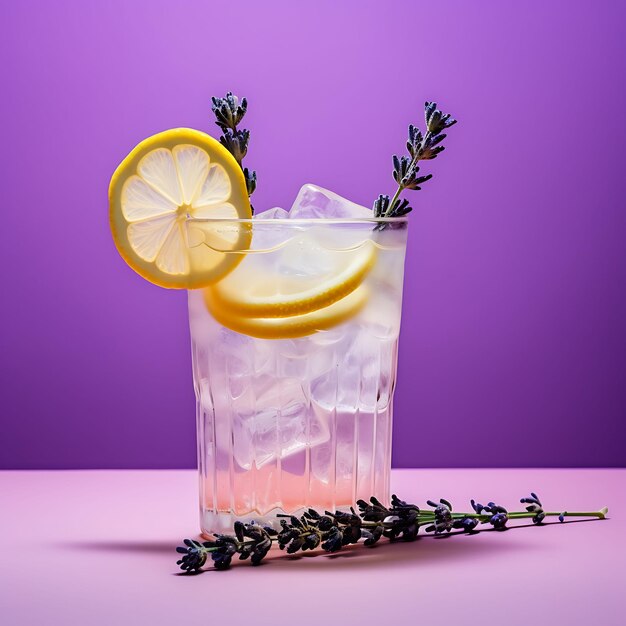 Photo of lemon lavender spritzer a fizzy and aromatic drink made with front view clean bg