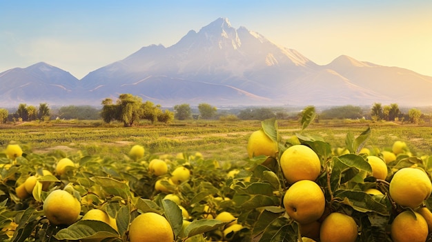 A photo of a lemon orchard distant mountains