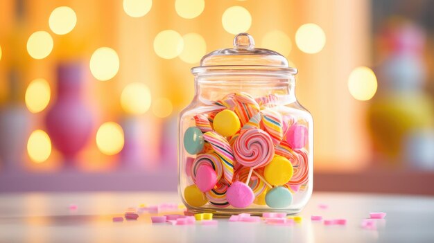 A photo of a lemonade lollipop in a candy jar bright display light