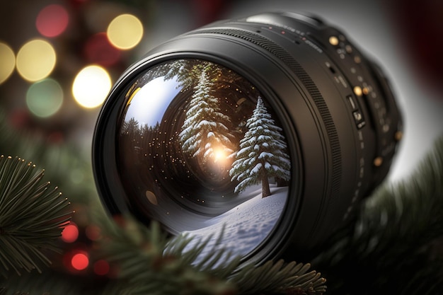 The photo lens lies on the snow in the forest Christmas trees are reflected in the lens generated by AI