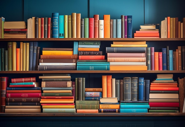 Фотография фоновой книжной стойки библиотеки с красочными книгами