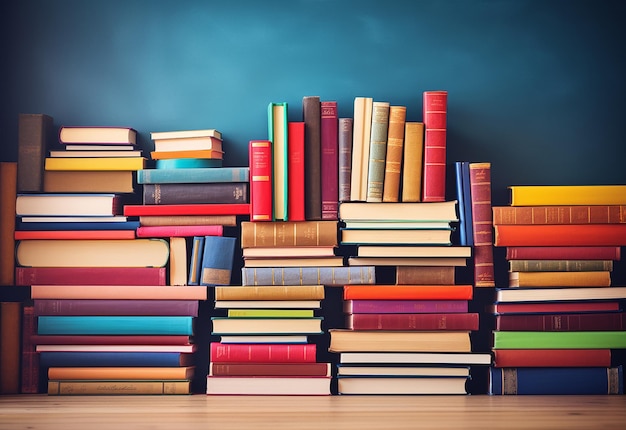 Photo of library book rack background with colorful books