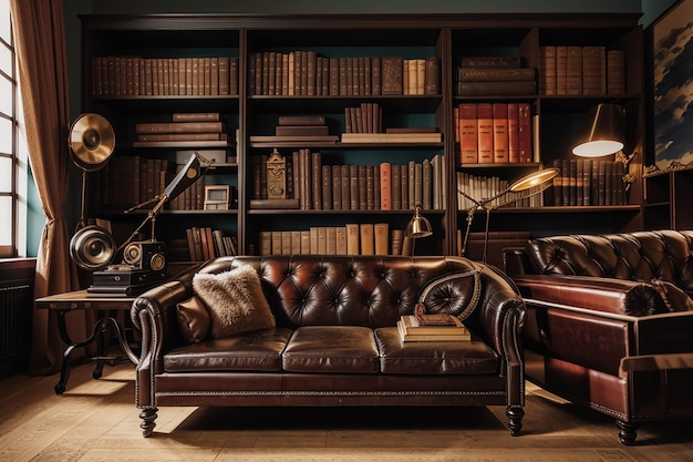 Photo library with leather sofa and gramophoned