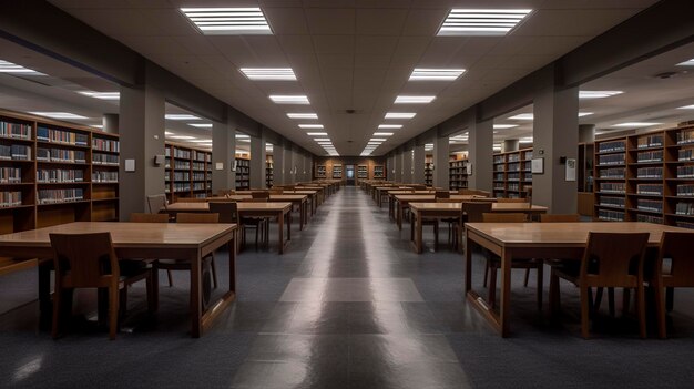 A Photo of a Library with Rows of Books and Study Desks