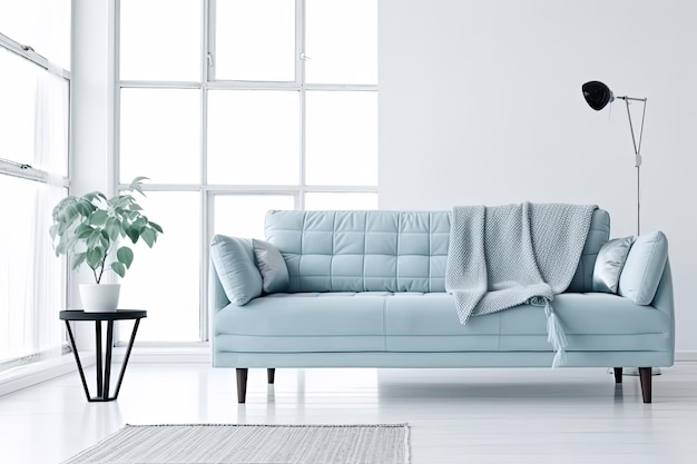 A photo of a light blue sofa in white modern living room with free space