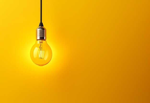 Photo of light bulb glowing on yellow background