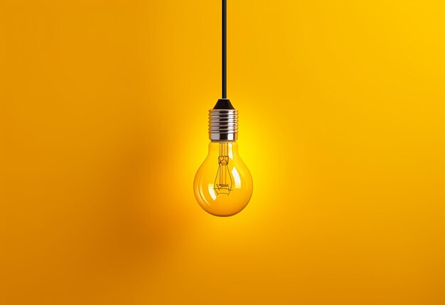 Photo of light bulb glowing on yellow background