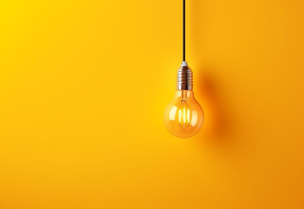 Photo of light bulb glowing on yellow background