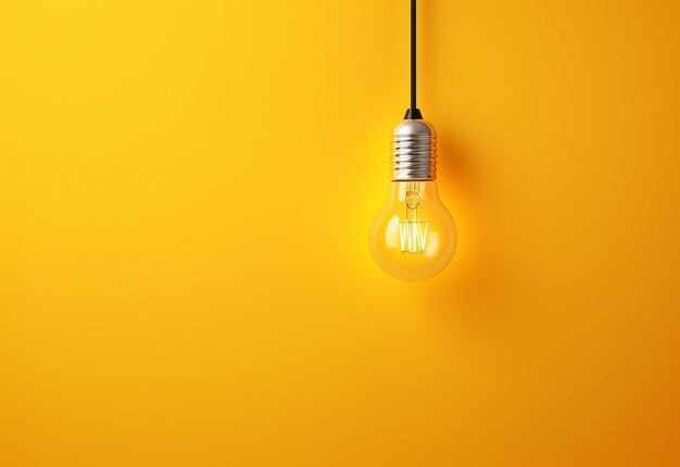 Photo of light bulb glowing on yellow background