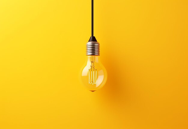 Photo of light bulb glowing on yellow background