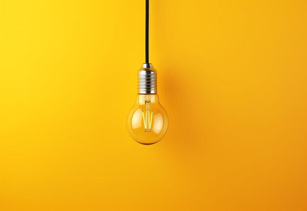 Photo of light bulb glowing on yellow background