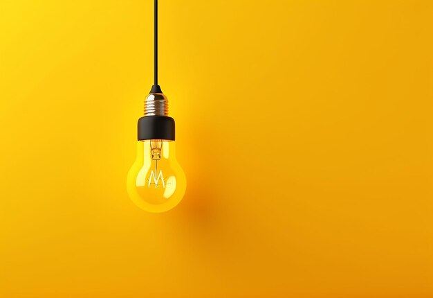 Photo of light bulb glowing on yellow background