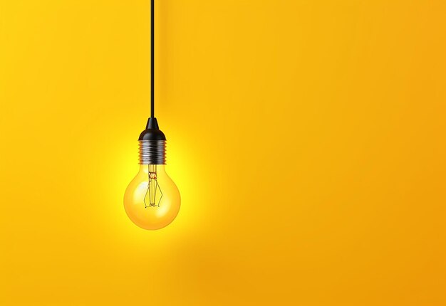 Photo of light bulb glowing on yellow background