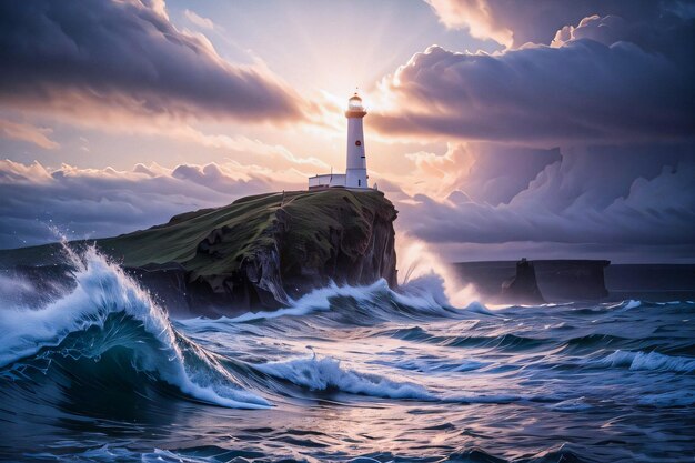 Photo of the lighthouse and stormy sea background wallpaper