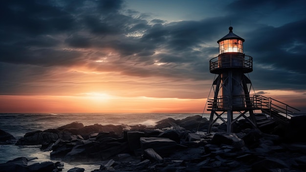 A photo of a lighthouse sun setting behind the structure