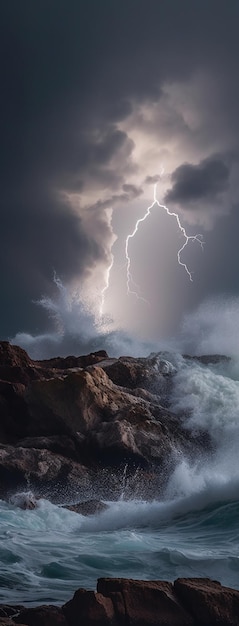 岩だらけの海岸に落ちた落雷の写真