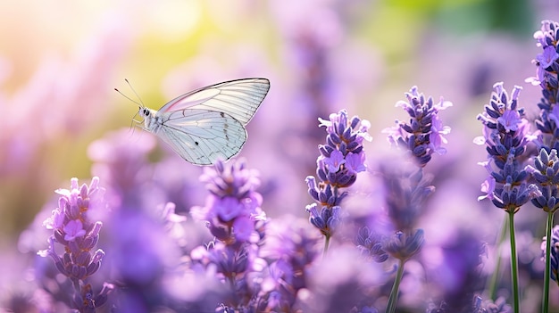 A photo of a lilac colored butterfly on a bed of lavender soft natural lighting