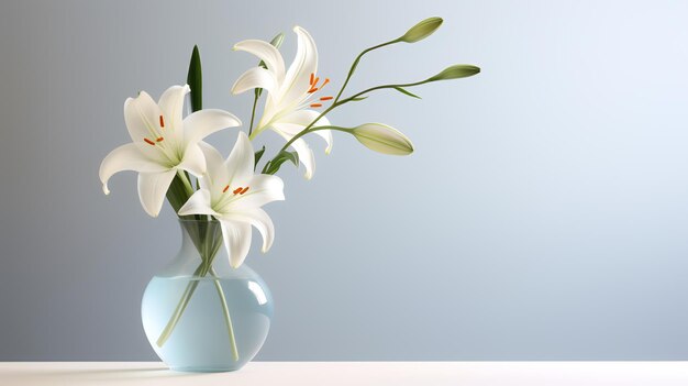 Photo of lily on minimalis transparant vase as houseplant for home decoration on white table