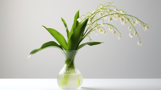 Photo of lily oh the valley in transparent vase as houseplant for home decoration