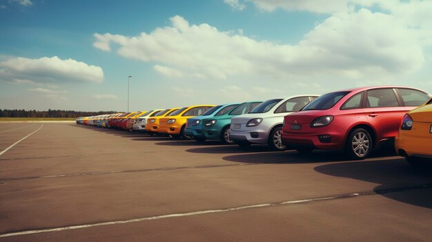 A photo of a line of rental cars waiting for customer