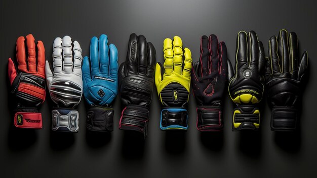 A photo of a lineup of various sports gloves