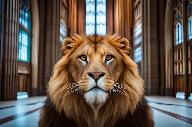 Photo of the lion's face looking up