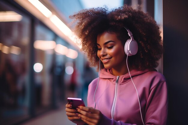 Photo listening to the music in headphones young woman in sportive clothes looking at smartphone