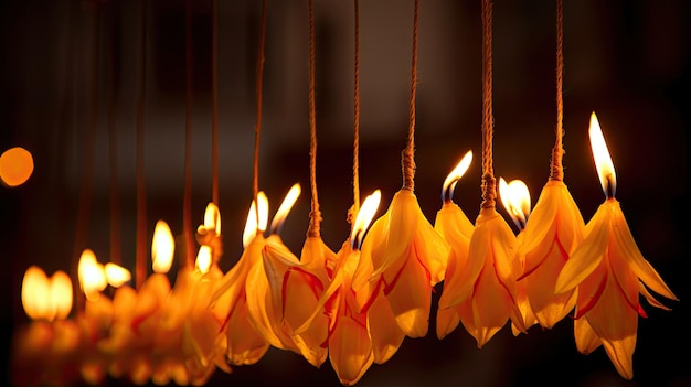 Photo of lit candles on a string during Diwali festivities