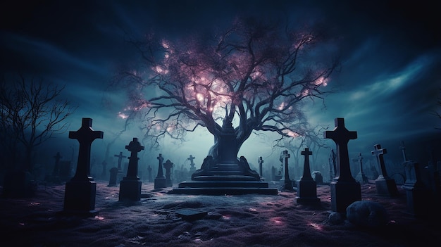 Photo a lit up graveyard with a tree in the midd