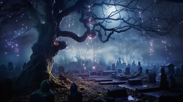 Photo a lit up graveyard with a tree in the midd