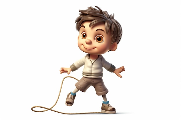 photo little boy playing jump rope white background