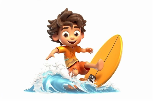 photo little boy playing surfboard on the waves white background