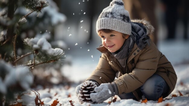 photo of Little boy with his father building snowman in snowy park