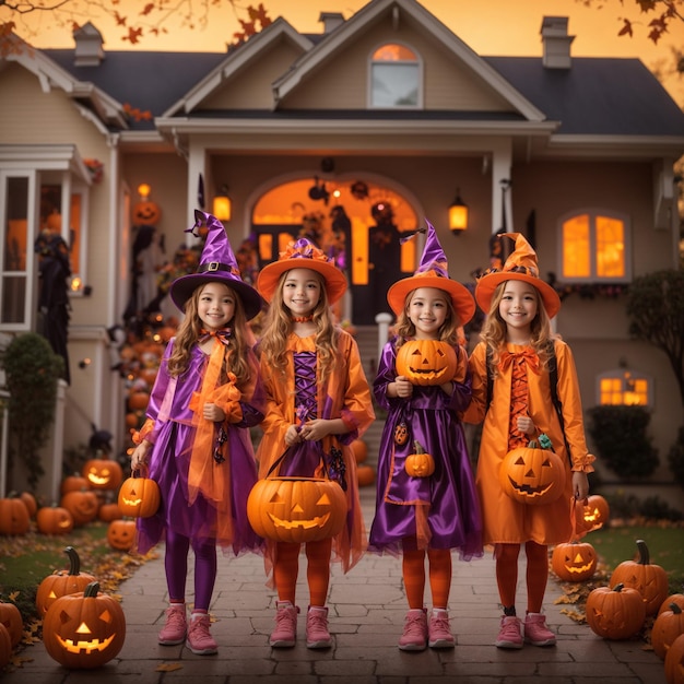 photo little children in halloween costumes ai genrated