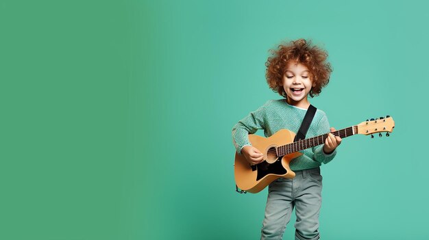 Photo of little cute baby boy playing guitar