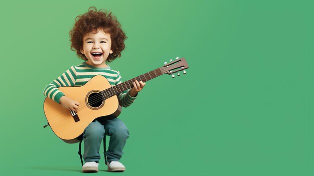 Photo of little cute baby boy playing guitar